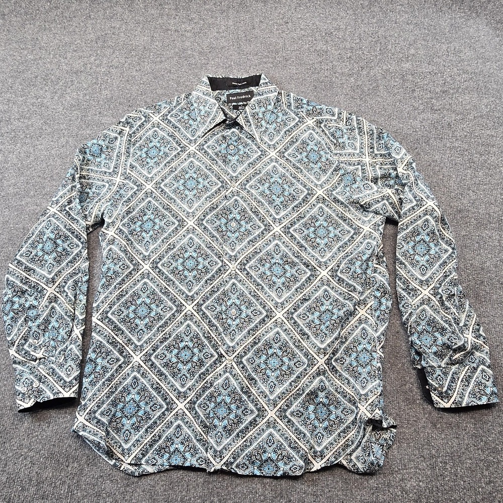 Paul Fredrick Shirt Mens Large Blue Geometric Linen Slim Fit Button Up